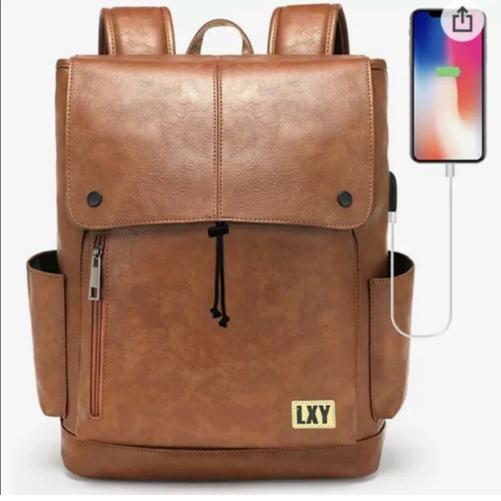 LXY Vegan Leather Laptop backpack, Vintage, USB charging port, Multiple pockets